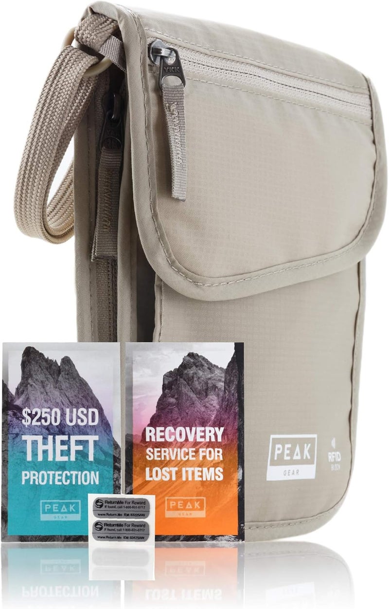 Peak Gear RFID Neck Wallet - The Original Travel Pouch with Adjustable Crossbody Strap + Theft Protection and Lost & Found Service | Beige - Image 1